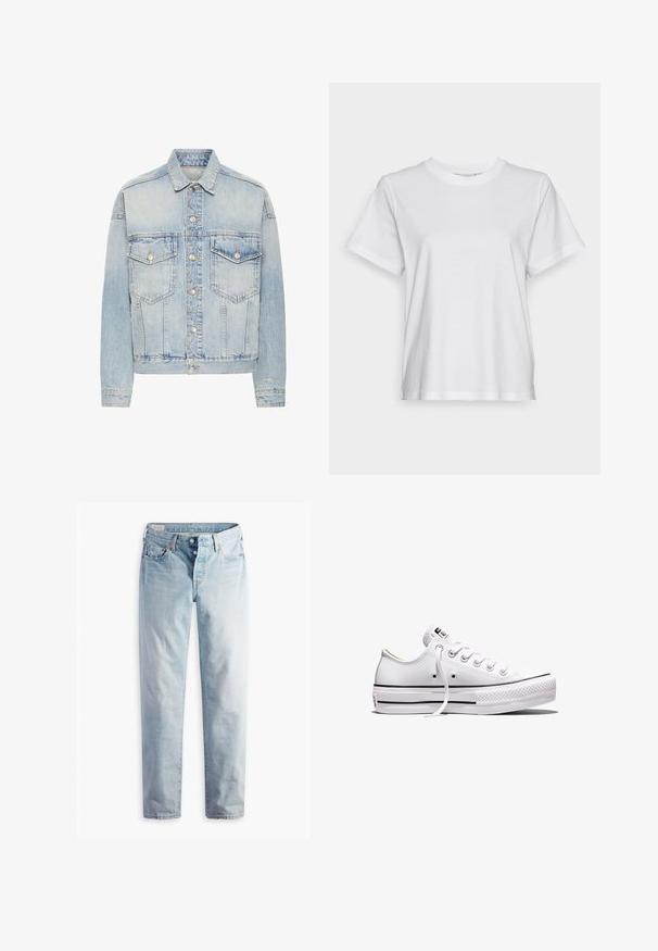 Hellblaue Jeansjacke mit Knopfverschluss vorne, zwei aufgesetzten Brusttaschen, langen Ärmeln und klassischem Kragen.; Weißes Baumwoll-T-Shirt mit kurzen Ärmeln, Rundhalsausschnitt und lässigem Schnitt. Glatte Textur, keine Muster oder Grafiken, einfaches Design.; Hellblaue Jeans aus Denim mit geradem Bein, fünf Taschen und Metallknöpfen am Standardbund.; Weißer Sneaker aus Segeltuch mit niedrigem Schnitt, weißen Schnürsenkeln, Gummisohle, schwarzen Streifendetails und Logopatch auf der Zunge und Ferse.