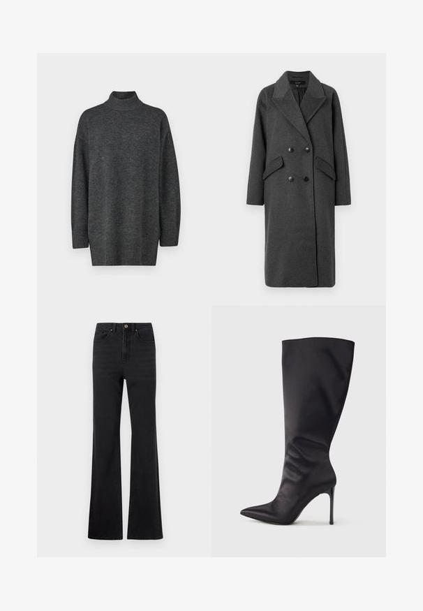 Vero Moda VMHARPER LONG COAT - Klassisk frakke - dark grey; Mørkegrå, oversized turtleneck sweater lavet af blødt strikkemateriale med lange ærmer og ribbet kant; glat tekstur, minimalistisk design.; Sorte højtaljede denim jeans med foran knap, bæltestropper og let udvidede ben mod en hvid baggrund.; Sort knæhøj stiletstøvle lavet af glat, glansfuldt materiale; spids tå; tætsiddende pasform med let samling nær anklen; skinnende hæl.