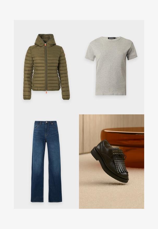 Veste matelassée doudoune vert olive avec capuche, fermeture éclair avant avec tirettes orange, et poignets élastiques, présentée sur un fond blanc.; T-shirt en coton gris clair à manches courtes et col rond avec une étiquette noire visible à l'intérieur du col indiquant "DENIM" et la taille "S."; Jean en denim bleu foncé, taille haute, jambes droites et larges, fermeture avant par boutons, fermeture éclair, poches avant et arrière.; Chaussure en cuir noire à lacets avec franges décoratives et clous métalliques posée sur un tapis beige près d'un meuble marron.