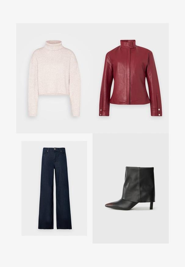 Rød læderjakke med høj krave, skjult lukning foran, lange ærmer og trykknapmanchetter.; Lys rosa ribbet turtleneck sweater, cropped længde, med lange ærmer og en blød tekstur. Minimalistisk design uden synligt hardware.; Mørkeblå vidde jeans i denim med frontknap, bæltestropper og fem-lomme design på en ensfarvet baggrund.; Sort ankelstøvle lavet af glat læder med spids tå og tilspidset hæl. Overdelen har et let rynket design.
