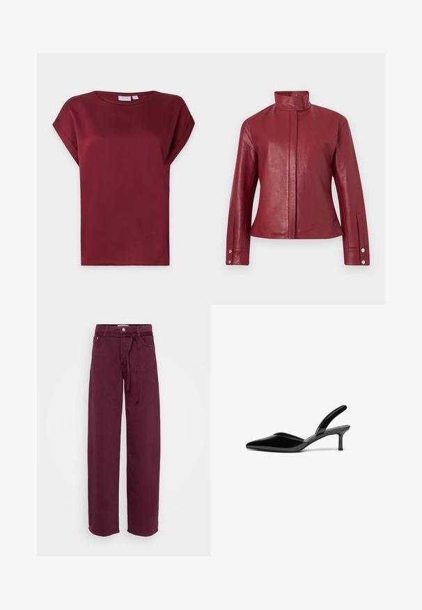 Chaqueta de cuero roja con cuello alto, cierre frontal oculto, mangas largas y puños con botones a presión.; Blusa burdeos de manga corta con cuello redondo y detalle de puños doblados en las mangas, presentada sobre un fondo claro y sencillo.; Pantalones de pierna ancha burdeos hechos de algodón, con una cintura atada, dos bolsillos frontales y un cierre de botón. Textura suave, sin patrones.; Tacones slingback de charol negro con punta afilada, tacón de aguja bajo y un diseño elegante y simple sin adornos.