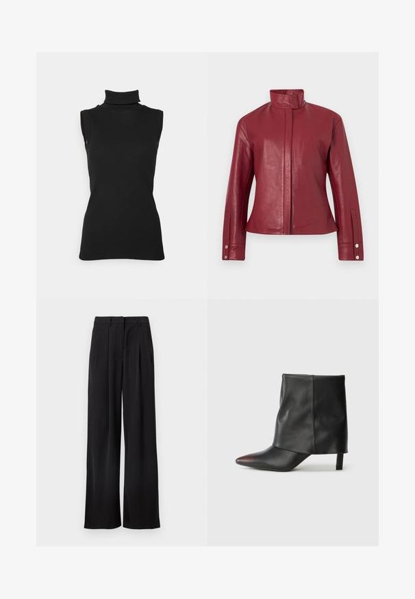 Chaqueta de cuero roja con cuello alto, cierre frontal oculto, mangas largas y puños con botones a presión.; Top negro sin mangas de cuello alto hecho de tela acanalada, con un cuello alto y una silueta ajustada. Textura suave con un diseño mínimo.; Pantalones negros de pierna ancha con pliegues, cintura entallada y bolsillos laterales. Tela suave con una silueta limpia y continua.; Botín negro de piel lisa con punta afilada y tacón cónico. La parte superior presenta un diseño ligeramente fruncido.
