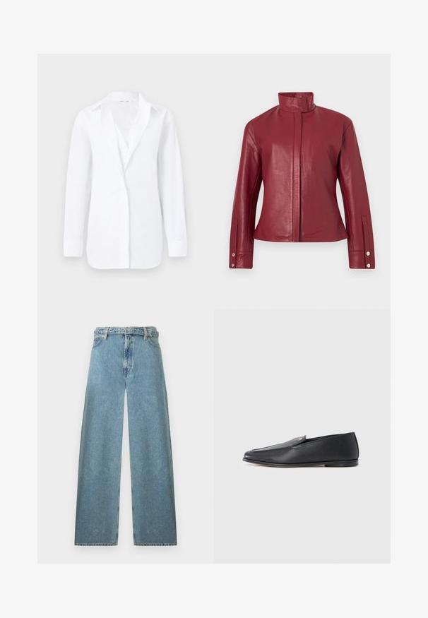 Chaqueta de cuero roja con cuello alto, cierre frontal oculto, mangas largas y puños con botones a presión.; Camisa blanca de manga larga con botones y cuello, mostrada plana sobre un fondo claro, que exhibe un ajuste entallado y una tela lisa.; Vaqueros de pierna ancha azul claro con cintura alta, trabillas para el cinturón, botón frontal y cierre de cremallera sobre un fondo blanco.; Mocasines de cuero negro con textura suave, punta redondeada y detalles de costura sutiles. Presentan un acento de logo dorado en el lateral superior.