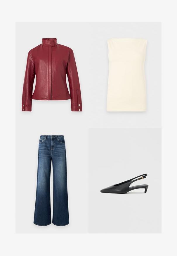 Veste en cuir rouge avec col haut, fermeture avant dissimulée, manches longues et poignets à boutons-pression.; Haut sans manches, crème, ajusté, avec un décolleté droit et une texture lisse sur un fond neutre.; Jean à jambes larges en denim bleu foncé, avec une taille haute, un design à cinq poches et un léger délavage avec une texture lisse.; Des escarpins à talon ouvert noirs avec un bout pointu, une texture en cuir lisse, un petit talon aiguille, et une sangle avec un accent de boucle en métal.