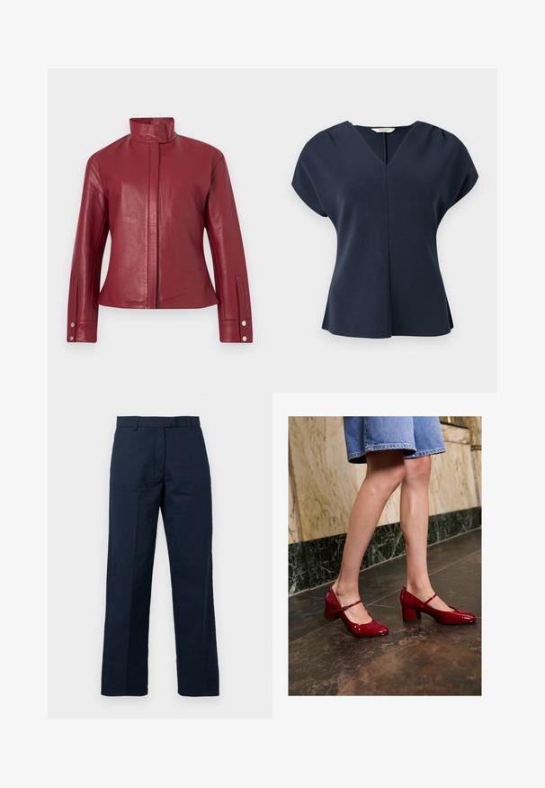 Chaqueta de cuero roja con cuello alto, cierre frontal oculto, mangas largas y puños con botones a presión.; Blusa azul marino de manga corta con escote en V, hombros plisados y un leve vuelo en el dobladillo, mostrada sobre un fondo blanco.; Pantalones de algodón azul marino con corte recto, frente plano y trabillas para cinturón; presentan una textura suave y detalles de pliegue prensa.; Persona con zapatos de charol rojos brillantes tipo Mary Jane y falda de mezclilla azul de pie sobre un suelo de baldosas oscuras cerca de una pared de mármol.