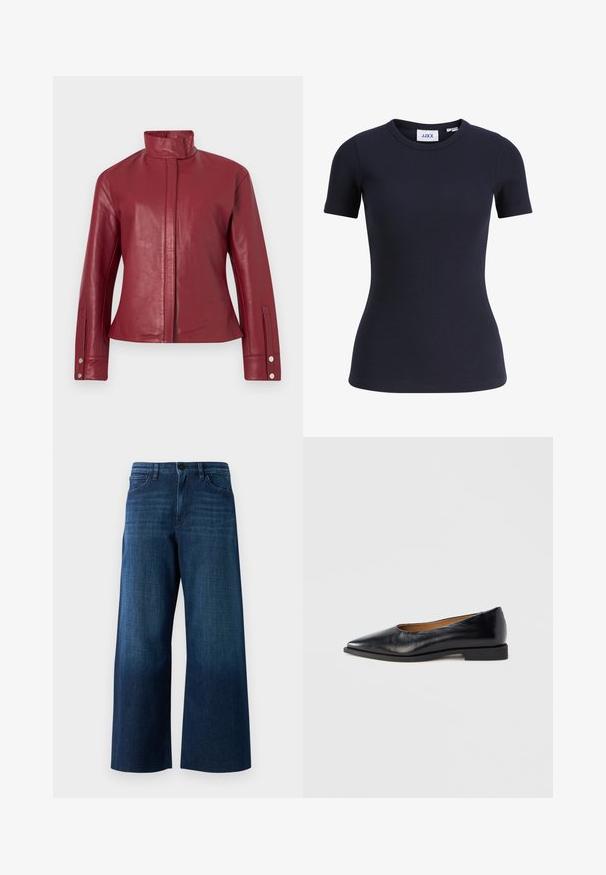 Chaqueta de cuero roja con cuello alto, cierre frontal oculto, mangas largas y puños con botones a presión.; Camiseta entallada de manga corta acanalada en azul marino con cuello redondo y etiqueta de la marca JJXX en el interior del cuello.; Jeans de mezclilla azul oscuro de pierna ancha con botón frontal, pasadores para cinturón y diseño clásico de cinco bolsillos sobre fondo liso.; Zapato plano de cuero negro con punta puntiaguda y tacón cuadrado bajo. Textura lisa, diseño minimalista y sin elementos visibles ni patrones.