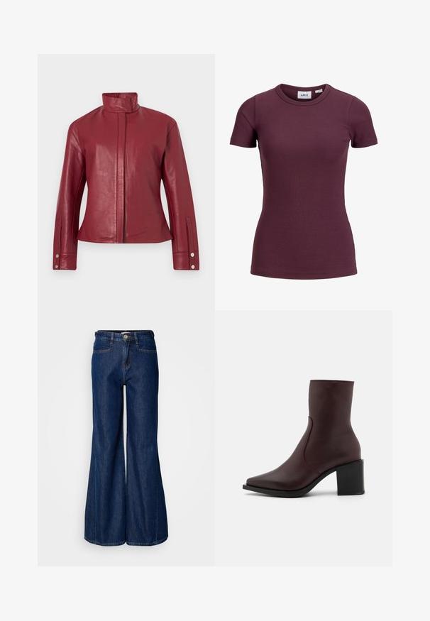 Rode leren jas met hoge kraag, verborgen voorsluiting aan de voorkant, lange mouwen en manchetten met drukknopen.; Korte mouw aansluitend geribd t-shirt in donker pruim met ronde hals en voorlabel met merk JJXX en maat 5.; Brede donkerdenim jeans met een hoge taille, vijf zakken en metalen knoopsluiting. Glad oppervlak met subtiele stikdetails.; Zign by Zalando LEATHER - Lage laarzen - bordeaux