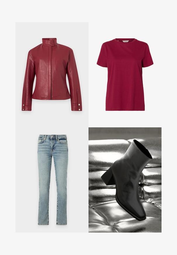 Rote Lederjacke mit hohem Kragen, verdecktem Frontverschluss, langen Ärmeln und Druckknopfmanschetten.; Schlichtes Kurzarm-T-Shirt mit Rundhalsausschnitt in einfarbigem Dunkelrot, dargestellt vor weißem Hintergrund.; Helles blaues Denim-Jeans mit geradem Bein, fünf Taschen und dezenten Verwaschungen. Verfügt über einen Metallknopf und einen Reißverschluss.; Schwarzer Knöchelstiefel aus glänzendem Material mit quadratischer Zehenform und verjüngtem Absatz, vor einem glänzenden silbernen gepolsterten Hintergrund.