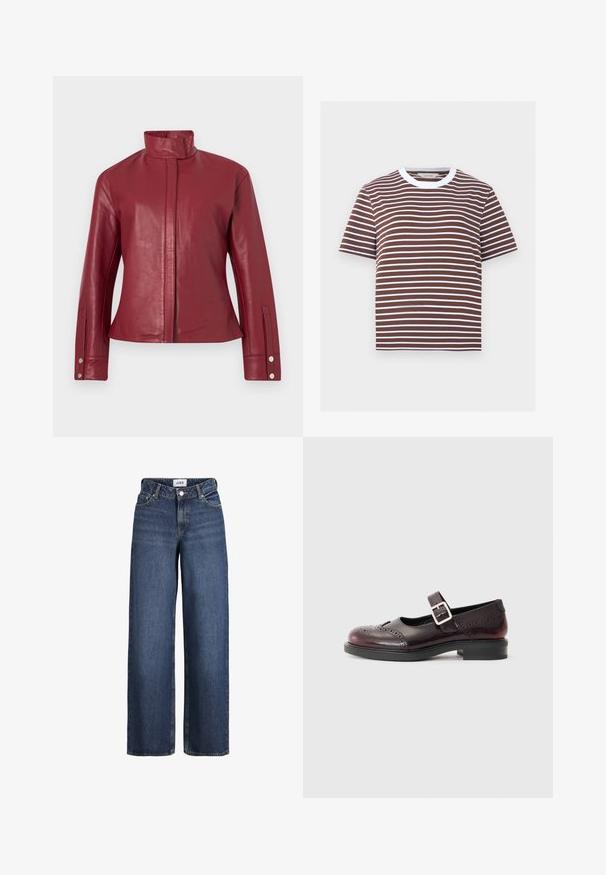 Rote Lederjacke mit hohem Kragen, verdecktem Frontverschluss, langen Ärmeln und Druckknopfmanschetten.; Braun-weiß gestreiftes T-Shirt mit kurzen Ärmeln und weißem rundem Halsausschnitt.; Blaue Jeans mit weitem Bein, vorne mit Knopf und Reißverschluss, Gürtelschlaufen und Taschen, auf weißem Hintergrund gezeigt.; Mary-Jane-Schuhe aus dunkelburgunderfarbenem Lackleder, mit gestanzten Details und einem geschnallten Riemen. Niedriger Blockabsatz, runde Zehenform.