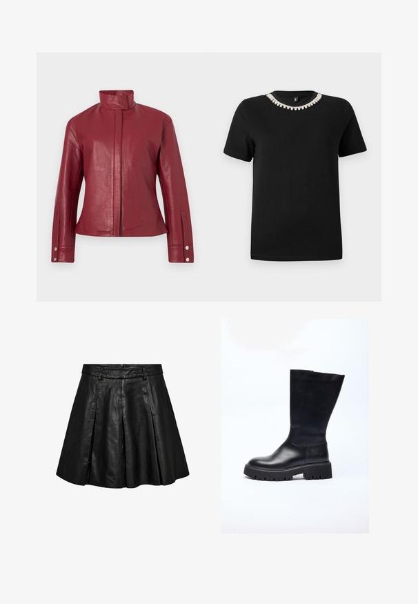 Rød læderjakke med høj krave, skjult lukning foran, lange ærmer og trykknapmanchetter.; Sort bomulds t-shirt med korte ærmer og rund halsudskæring, med en dekorativ pynt af klare krystaller omkring kraven.; Sort læder A-line nederdel med høj talje, plisseringer og sidelommer. Glat tekstur med en poleret finish. Lynlåslukning bagpå.; Sorte læder knæhøje støvler med en chunky sål, designet med en glat tekstur, rund tå og minimalistisk silhuet.