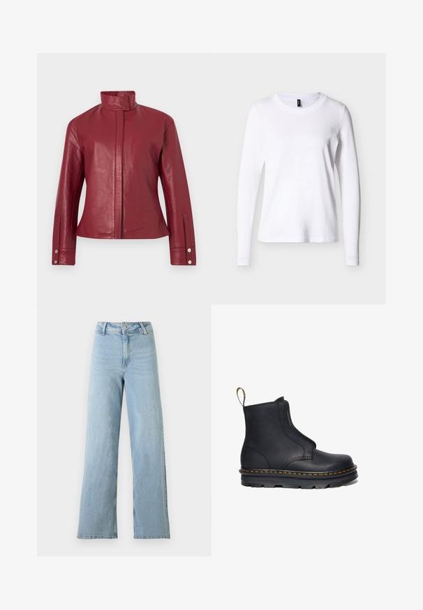 Rød læderjakke med høj krave, skjult lukning foran, lange ærmer og trykknapmanchetter.; Hvid langærmet t-shirt med rund hals vist forfra mod en neutral baggrund med et sort tøjlabel i halskanten.; Lyseblå højtaljede vidde jeans med forreste knap og lynlås, bæltestropper og uden synlige slidmærker.; Sort læder ankelstøvle med elastiske sidepaneler, rund tå, kontrasterende gul syning og en kraftig gummisål.