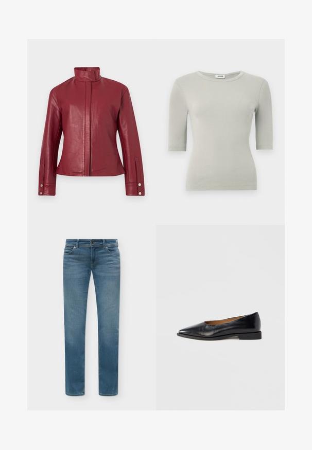 Veste en cuir rouge avec col haut, fermeture avant dissimulée, manches longues et poignets à boutons-pression.; Haut gris clair à manches courtes côtelées avec un col rond et une coupe ajustée. Texture lisse et légère élasticité pour le confort.; Jean denim bleu droit avec poches avant, passants pour ceinture et fermeture par bouton, présenté sur un fond clair.; Chaussure plate en cuir noir avec un bout pointu et un petit talon carré. Texture lisse, design minimaliste, sans éléments métalliques visibles ni motifs.