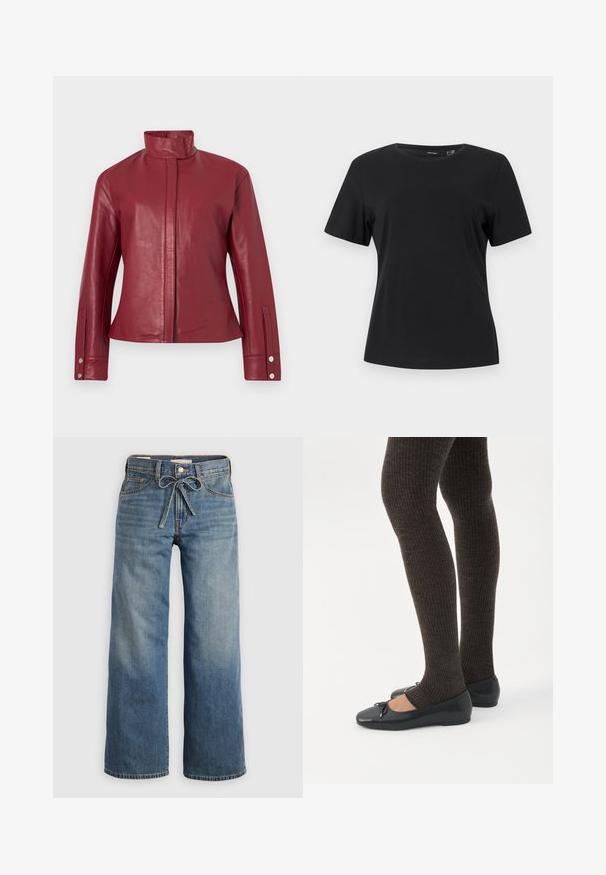 Rød læderjakke med høj krave, skjult lukning foran, lange ærmer og trykknapmanchetter.; Sort T-shirt med korte ærmer og rund hals, lige kant og glat, ensfarvet stof.; Lyseblå vide jeans lavet af denim, med en snøre i taljen, to frontlommer og subtilt slid for tekstur.; Ben iført mørke ribbede leggings kombineret med sorte balletsko med små sløjfedetaljer på hvid baggrund.