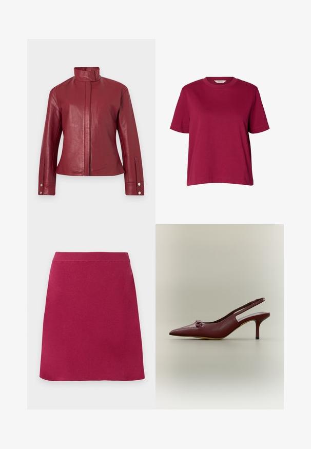 Veste en cuir rouge avec col haut, fermeture avant dissimulée, manches longues et poignets à boutons-pression.; T-shirt uni bordeaux à manches courtes et col rond, coupe ample, présenté sur fond blanc uni.; Jupe rouge arrivant au genou, ajustée, avec une texture lisse et une large ceinture élastique, présentant un design simple sans motifs ni accents visibles.; Chaussure à talon haut slingback en cuir rouge foncé avec bout pointu et petit nœud décoratif à l'avant, vue de profil sur fond neutre.