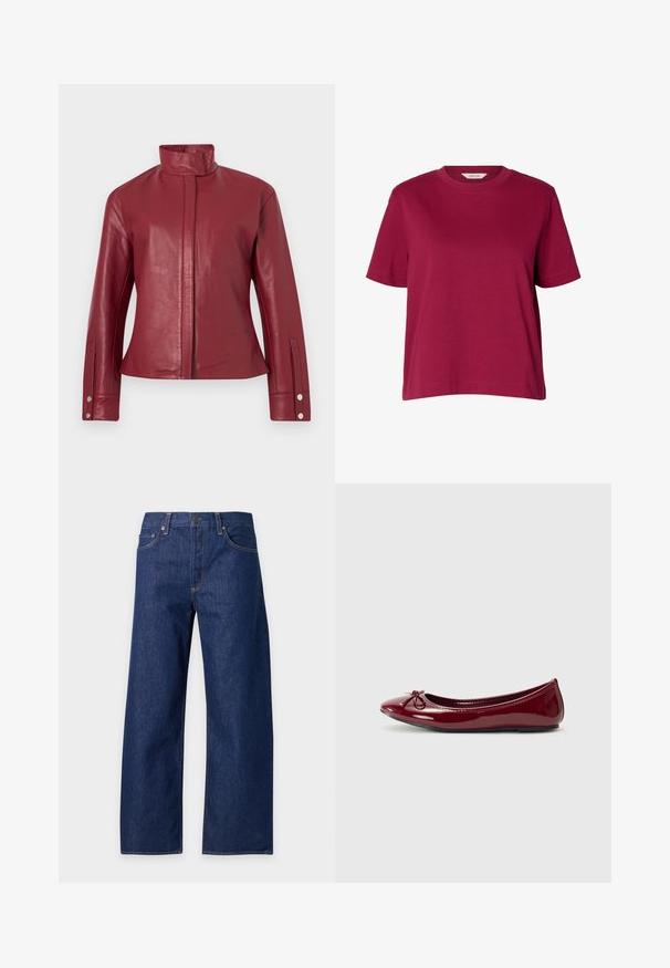 Rote Lederjacke mit hohem Kragen, verdecktem Frontverschluss, langen Ärmeln und Druckknopfmanschetten.; Schlichtes bordeauxrotes T-Shirt mit kurzen Ärmeln und Rundhalsausschnitt, weiter Schnitt, auf weißem Hintergrund dargestellt.; Blaue Jeans mit weitem Bein, vorne mit Knopf- und Reißverschluss, Vordertaschen und Gürtelschlaufen, auf einfarbigem Hintergrund dargestellt.; Balletschuh aus glänzendem burgunderfarbenem Lackleder, mit runder Zehe und kleinem Schleifendetail an der Vorderseite. Glatte Textur, niedriger Absatz.