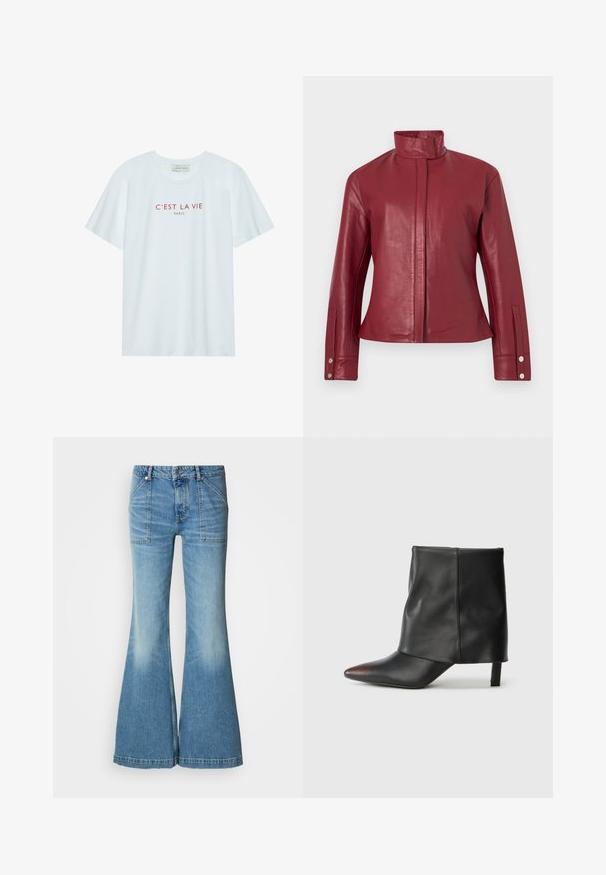Rode leren jas met hoge kraag, verborgen voorsluiting aan de voorkant, lange mouwen en manchetten met drukknopen.; Witte katoenen T-shirt met ronde hals en korte mouwen. Kenmerkt zich door rode opdruk "C'EST LA VIE PARIS" over de borst. Eenvoudig ontwerp.; Lichtblauwe spijkerbroek met wijde pijpen en een hoge taille. Heeft twee voorzakken en een vervaagd patroon langs de benen. De zoom is licht gefranjerd.; Zwarte enkellaars van glad leer met een puntige neus en een taps toelopende hak. Het bovenwerk heeft een licht geplooid ontwerp.