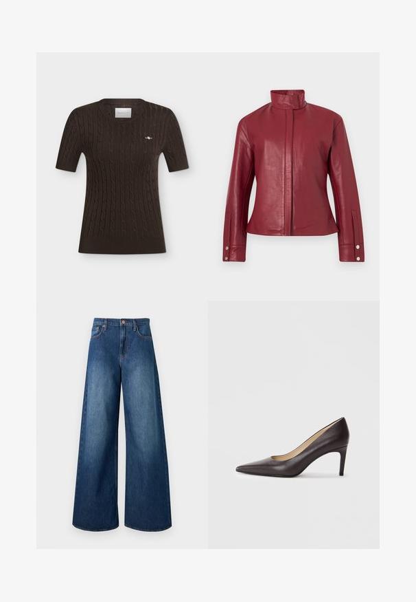 Veste en cuir rouge avec col haut, fermeture avant dissimulée, manches longues et poignets à boutons-pression.; Pull en maille marron foncé à manches courtes avec motif torsadé, poignets et ourlet côtelés, et un petit logo brodé sur la poitrine gauche.; Jean en denim bleu foncé taille haute, jambes larges, cinq poches, passants pour ceinture et fermeture par bouton en cuivre.; Chaussure à talon haut en cuir marron à bout pointu avec un talon fin de 7 cm, texture lisse et design minimaliste. Pas d'ornements visibles.