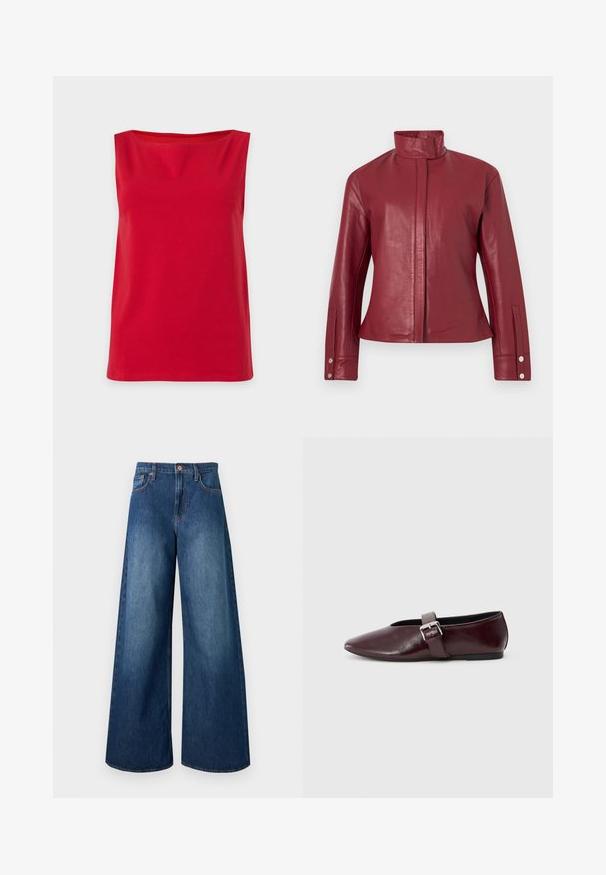 Veste en cuir rouge avec col haut, fermeture avant dissimulée, manches longues et poignets à boutons-pression.; Haut sans manches rouge vif, à coupe droite et à col montant, présenté sur un fond uni clair.; Jean en denim bleu foncé taille haute, jambes larges, cinq poches, passants pour ceinture et fermeture par bouton en cuivre.; Ballerines en cuir bordeaux avec un bout pointu, une semelle plate et une sangle décorative avec boucle sur le cou-de-pied. Texture lisse et brillante.