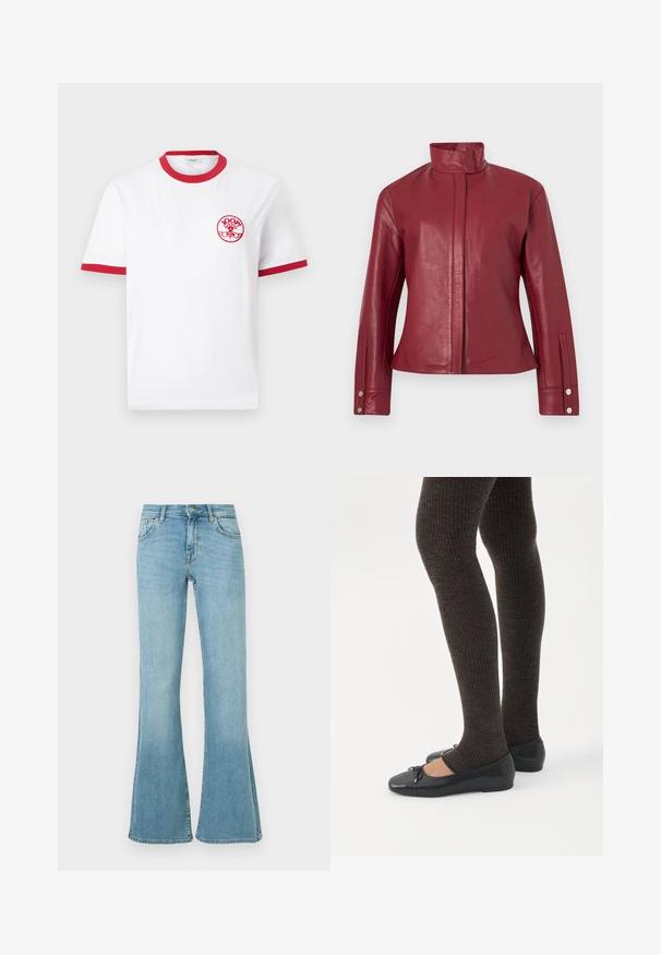 Veste en cuir rouge avec col haut, fermeture avant dissimulée, manches longues et poignets à boutons-pression.; T-shirt blanc à manches courtes avec col et bordures de manches rouges, avec un petit logo circulaire rouge "JOOP! Jeans" sur la poitrine gauche.; Jean en denim bleu clair à taille haute, fermeture avant par bouton et zip, poches avant et arrière, et jambes évasées.; Jambes portant des leggings côtelés foncés associés à des ballerines noires avec de petits détails en nœud sur fond blanc.