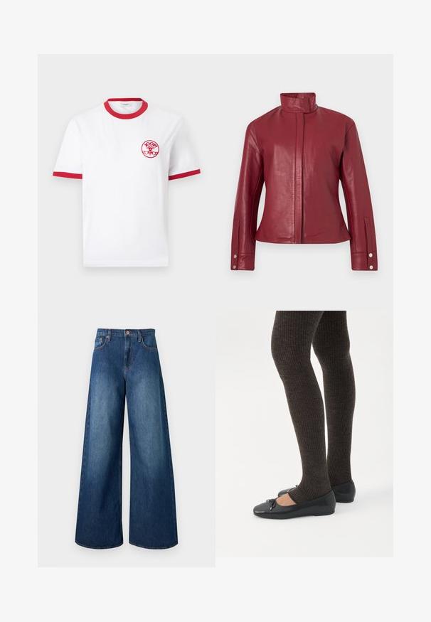 Veste en cuir rouge avec col haut, fermeture avant dissimulée, manches longues et poignets à boutons-pression.; T-shirt blanc à manches courtes avec col et bordures de manches rouges, avec un petit logo circulaire rouge "JOOP! Jeans" sur la poitrine gauche.; Jean en denim bleu foncé taille haute, jambes larges, cinq poches, passants pour ceinture et fermeture par bouton en cuivre.; Jambes portant des leggings côtelés foncés associés à des ballerines noires avec de petits détails en nœud sur fond blanc.