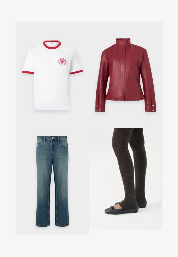 Veste en cuir rouge avec col haut, fermeture avant dissimulée, manches longues et poignets à boutons-pression.; T-shirt blanc à manches courtes avec col et bordures de manches rouges, avec un petit logo circulaire rouge "JOOP! Jeans" sur la poitrine gauche.; Jean en denim bleu à coupe droite, taille mi-haute, cinq poches et légère décoloration. Fermeture par bouton et passants pour ceinture inclus.; Jambes portant des leggings côtelés foncés associés à des ballerines noires avec de petits détails en nœud sur fond blanc.
