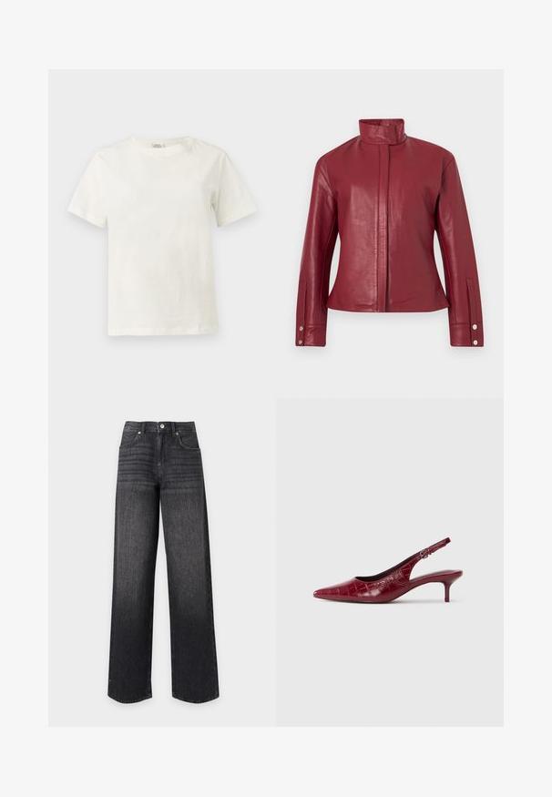 Veste en cuir rouge avec col haut, fermeture avant dissimulée, manches longues et poignets à boutons-pression.; T-shirt blanc en coton, manches courtes, col rond, présenté sur un fond gris clair neutre.; Jean en denim noir taille haute à jambes droites avec poches avant, passants de ceinture, bouton et fermeture éclair sur fond blanc.; Escarpin à talon kitten en cuir bourgogne avec texture crocodile, bout pointu, bride ajustable et talon bas sur fond blanc.
