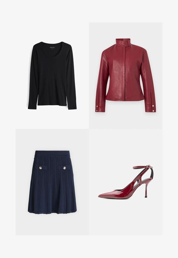 Rode leren jas met hoge kraag, verborgen voorsluiting aan de voorkant, lange mouwen en manchetten met drukknopen.; Zwarte longsleeve t-shirt van zacht, soepel stof. Heeft een ronde halslijn en aansluitende mouwen met een rechte zoom. Minimalistisch ontwerp.; Marineblauwe gebreide rok met verticale kabelpatronen, twee voorzakken, elk met een decoratieve zilveren knoop, en een geschulpte zoom.; Rode hooggehakte schoen van lakleer met spitse neus, enkelriem en gespsluiting, zijaanzicht op witte achtergrond.