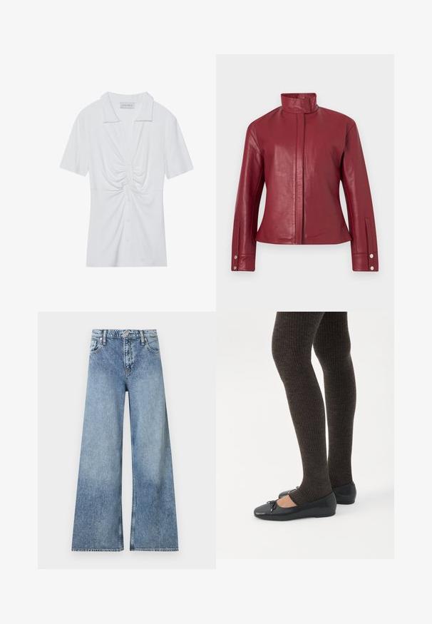 Rode leren jas met hoge kraag, verborgen voorsluiting aan de voorkant, lange mouwen en manchetten met drukknopen.; Witte blouse met korte mouwen en kraag, met een gedraaid knooppuntdetail aan de voorkant en een knoopsluiting. Glad ribbeltextuur.; Lichtblauwe wijde denim jeans met steekzakken aan de voorkant, ceintuurlussen, knoopsluiting en vervaagde details.; Benen met donkere geribbelde leggings gecombineerd met zwarte ballerina's met kleine strikdetails op een witte achtergrond.