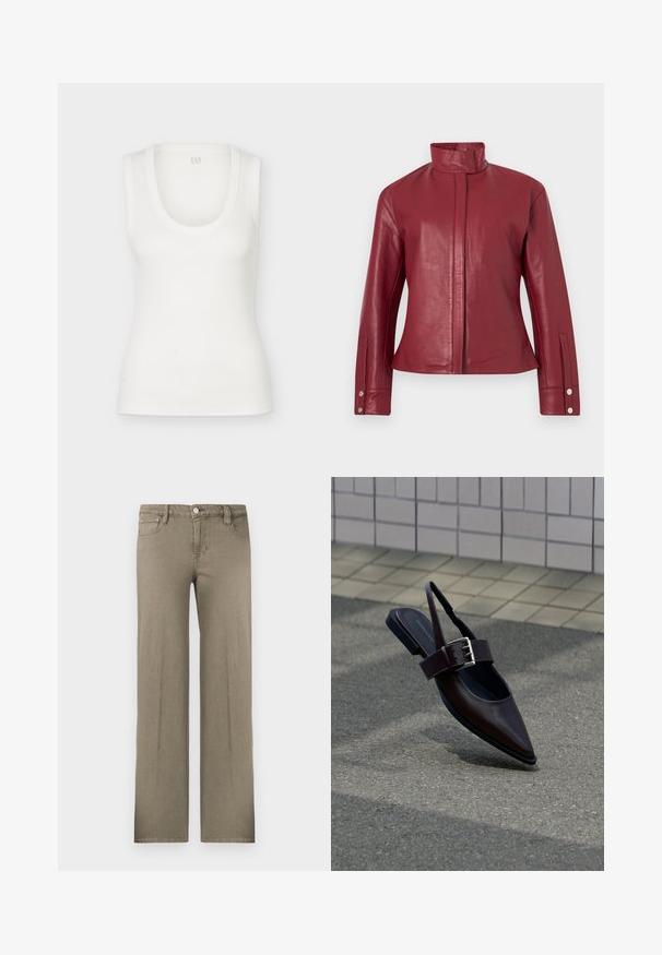 Veste en cuir rouge avec col haut, fermeture avant dissimulée, manches longues et poignets à boutons-pression.; Débardeur blanc côtelé sans manches avec encolure dégagée, présenté à plat sur un fond blanc.; Pantalon à jambes larges de couleur vert olive, en denim. Il présente une conception classique à cinq poches, une fermeture à boutons et une texture subtile.; Chaussure plate à bout pointu marron foncé avec bride arrière, large sangle et grande boucle argentée sur l'asphalte près d'un mur carrelé.
