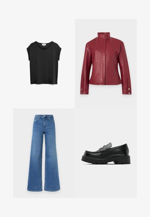 Rote Lederjacke mit hohem Kragen, verdecktem Frontverschluss, langen Ärmeln und Druckknopfmanschetten.; Schwarzes T-Shirt mit kurzen Ärmeln aus weichem Material, mit rundem Ausschnitt und einem lässigen Schnitt mit umgeschlagenen Ärmeln.; Hoch taillierte blaue Jeans aus Denim mit weitem Bein, vorderer Knopf- und Reißverschluss sowie Vorder- und Gesäßtaschen.; Schwarze Leder-Loafers mit einer chunky strukturierten Sohle, ausgestattet mit einem Riemen über dem Spann und einer glatten, polierten Oberfläche.