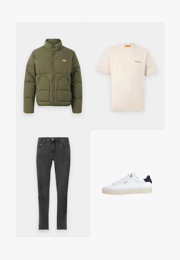 Olivenfarvet pufferjakke med høj krave, fuld lynlås, vandret syninger og to sidelommer. Har et lille logo på brystet.; Replay Inc. ESSENTIAL LOGO UNISEX - T-shirts basic - ivory; Mørkegrå skinny jeans lavet af denim med en glat tekstur, der har en klassisk knap-lukning og standard fem-lomme design.; Hvid lavtop-sneaker med beige sål, hvide snørebånd, sort hælkappe og "Pepe Jeans London"-logo på siden.