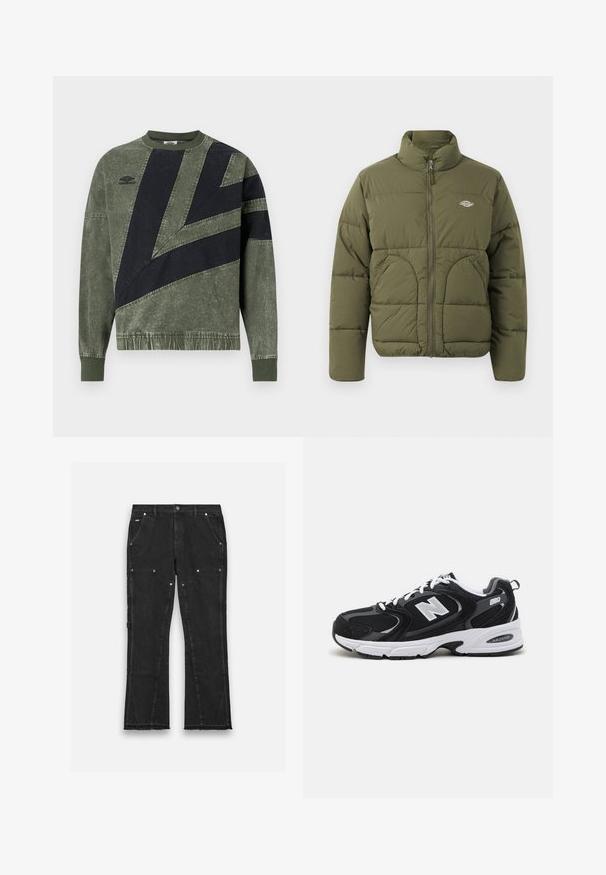 Olivenfarvet pufferjakke med høj krave, fuld lynlås, vandret syninger og to sidelommer. Har et lille logo på brystet.; Langærmet sweatshirt i grøn og sort farveblok med ribbede manchetter og krave, med Umbro-logo på venstre bryst.; Sorte denimbukser med lige ben-design, der har to forlommer, metallisk hardware og en rå kantdetalje nederst.; Sorte og grå sportssko med mesh og ruskind på overdelen, der har en hvid mellemsål, snørebånd og et iøjnefaldende "N" logo på siden.
