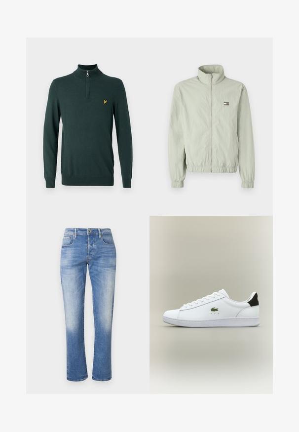 Veste zippée vert clair avec un col haut, des poignets froncés, une taille élastique et un petit logo sur la poitrine gauche.; Pull en tricot vert foncé avec un col haut et une fermeture éclair quart. Logo jaune petit sur la poitrine gauche. Manches longues et poignets côtelés.; Jeans en denim bleu clair avec une coupe droite, cinq poches, un léger délavage et une fermeture à bouton en métal à la taille.; Baskets en cuir blanc avec une finition lisse, arborant un logo crocodile brodé vert, une semelle blanche plate et un accent de talon noir.