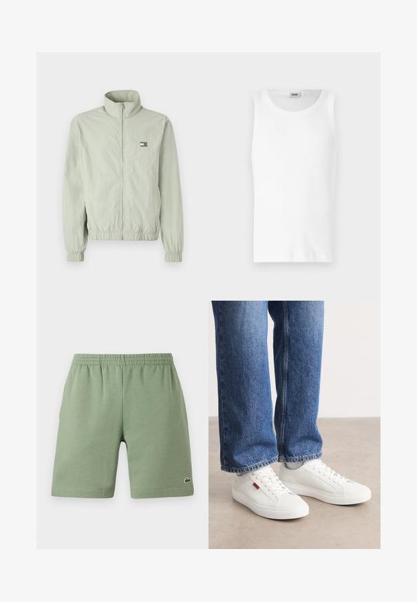 Lichtgroene zip-up jack met een hoge kraag, gatherende manchetten, elastische tailleband en een klein logo-embleem op de linkerborst.; Witte katoenen mouwloze tanktop met een ronde halslijn en een gladde textuur. Eenvoudig ontwerp, geen patronen of accenten.; Groene katoenen shorts met een elastische tailleband, ontspannen pasvorm en een klein geborduurd logo aan de onderkant aan de linkerzijde. Gladde textuur, geen zakken.; Witte sneakers met een glad oppervlak, ronde neus en platte zool. Vergezeld door blauwe denim jeans met een rechte pasvorm en zichtbare stiksels.