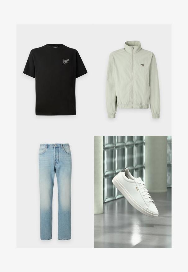 Hellgrüne Zip-Jacke mit hohem Kragen, gerafften Manschetten, elastischem Bund und einem kleinen Logo-Patch auf der linken Brust.; Schwarzes Baumwoll-T-Shirt mit kurzen Ärmeln, ausgestattet mit einem weißen "Lacoste"-Logo auf der linken Brust. Rundhalsausschnitt-Design.; Helle blaue Jeans aus Denim mit geradem Bein, fünf Taschen und einem ausgewaschenen Effekt an den Oberschenkeln.; Weißer Leder-Low-Top-Sneaker mit Schnürsenkeln, schwarzer Fersenschlaufe und „BOSS“-Logo, der drinnen nahe einer Glassteinwand und einem polierten Boden schwebt.