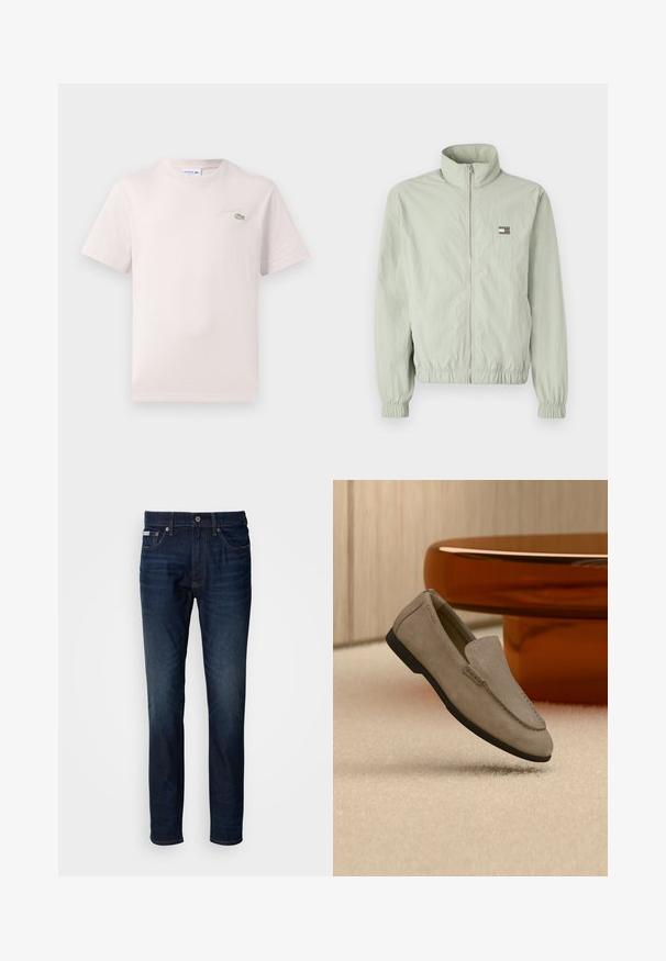 Chaqueta de cremallera verde claro con un collar alto, puños recogidos, cintura elástica y un pequeño parche de logo en el lado izquierdo del pecho.; Camiseta de algodón rosa claro con cuello redondo, mangas cortas y un logo bordado de Lacoste en verde en el pecho. Textura suave.; Jeans de mezclilla azul oscuro con un corte recto, que cuentan con cierre de cremallera, botón y bolsillos delanteros y traseros. Desgaste sutil en los muslos.; Mocasín de ante marrón claro con suela negra, descansando sobre una alfombra beige frente a una mesa circular marrón reflectante contra una pared de madera.