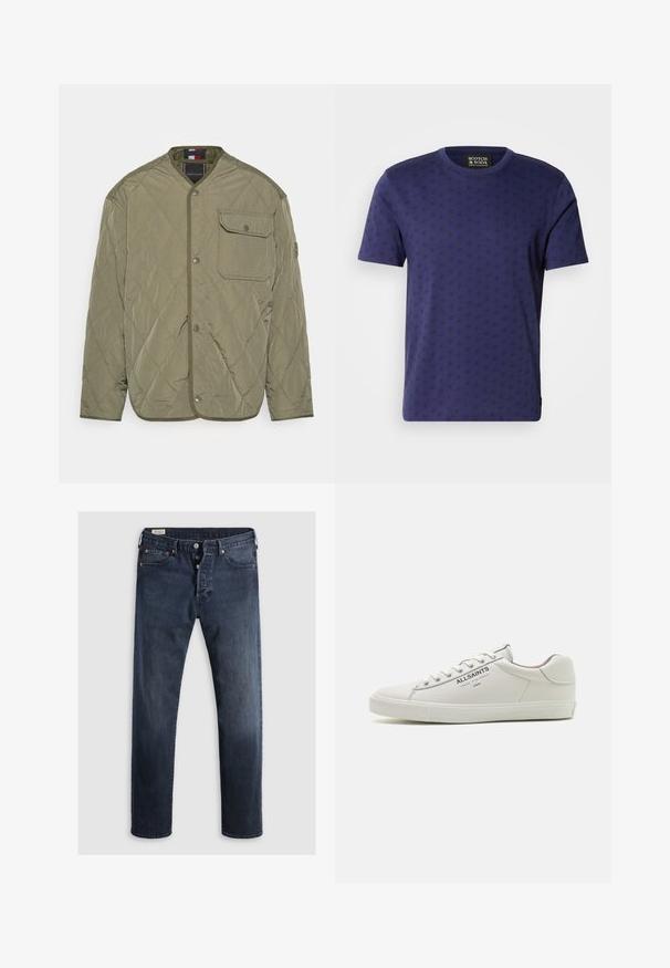 Gequilted olijfgroene jacket met drukknoopsluiting, borstzak met klep en Tommy Hilfiger-logo op de mouw.; Scotch & Soda REGULAR FIT - T-shirt print - peacoat; Donkerblauwe denim jeans met een rechte pijp, voorzien van een rits en metalen knopen, en koperen klinknagels. Gladde textuur, geen zichtbare patronen.; Witte leren sneakers met een laag ontwerp, textuur rubberen zool en het "ALLSAINTS" logo aan de zijkant. Standaard vetersluiting.