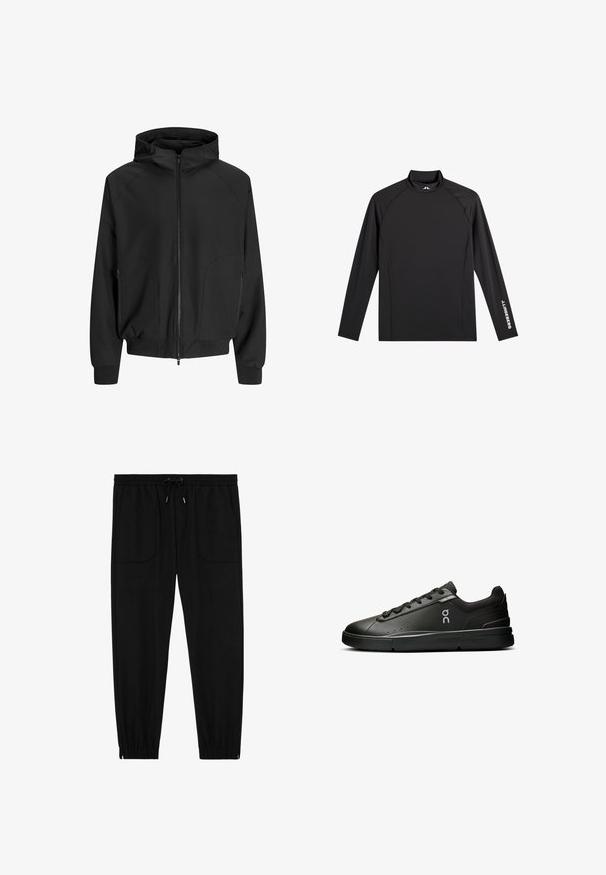Chaqueta negra con capucha, cremallera frontal, mangas raglán, bolsillos laterales y puños elásticos. Hecha de una tela suave con un corte holgado.; Camiseta negra deportiva de manga larga con cuello alto falso, corte ajustado y logo blanco "J.Lindeberg" en la manga izquierda y el cuello.; Pantalones jogger negros con cintura elástica, cordón ajustable, bolsillos frontales de parche y puños elásticos sobre un fondo blanco.; On THE ROGER ADVANTAGE - Zapatillas de tenis para todas las superficies - black black