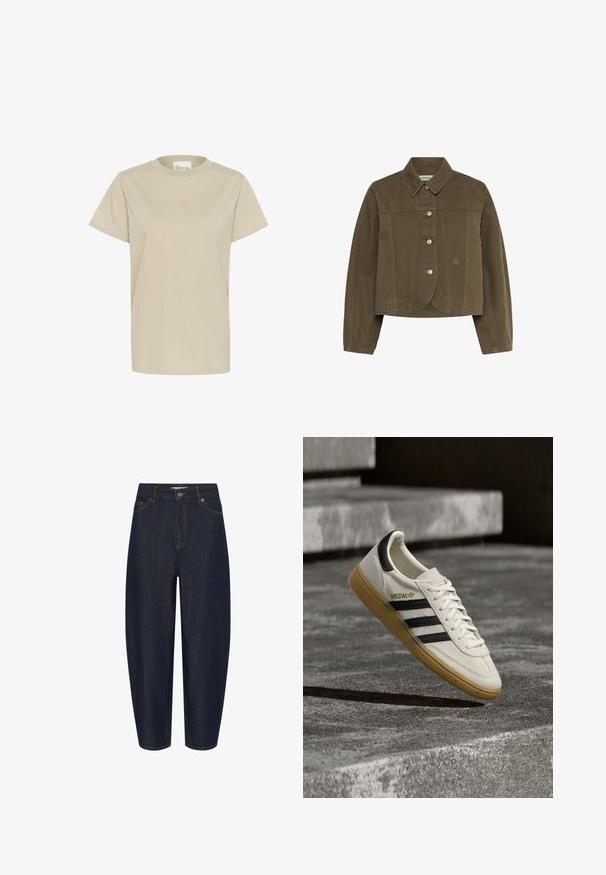 Kort olivengrøn jakke med lange ærmer, krave og fire trykknapper foran. Enkel syning på forpanelerne.; Lys beige T-shirt med korte ærmer lavet af blødt stof. Den har en rund hals og et diskret præget logo på brystet.; Mørkeblå jeans med høj talje og lige ben, lukket med forreste knap og lynlås samt fem-lomme design.; Hvid Adidas Spezial sneaker med sorte striber og gummisål, svævende over grå stentrin udendørs.