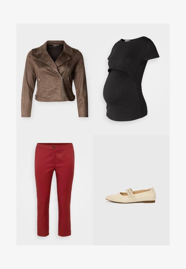 Bruine suède cropped bikerjack met brede kraag, asymmetrische zilveren rits, ritszakken aan de zijkant en door knopen verstelbare taillebanden.; Zwarte zwangerschaps T-shirt met korte mouwen, met een gelaagd ontwerp aan de voorkant en een stretchy stof die ruimte biedt voor een groeiende buik.; Rode op maat gemaakte broek met een gladde stof, voorzien van een sluiting met een knoop aan de voorkant en een rechte pijp, ontworpen voor een getailleerde silhouette.; Beige platte schoen met puntige neus, met twee dunne gestikte bandjes en een lage houten hak, zijaanzicht op een effen achtergrond.