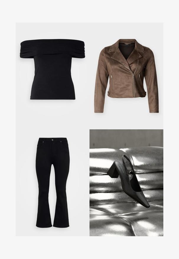 Brun ruskind kort bikerjakke med bred krave, asymmetrisk sølvlynlås, lynlåslommer i siden og justerbare stropper i taljen med knapper.; Sort off-shoulder top lavet af blødt stof. Har draperede detaljer langs ærmerne og en tætsiddende silhuet.; ONLY Carmakoma Flared fit CARWILLY High waist - Flared jeans - black denim; Sort slingback-hæl med spids tå, der har en tekstureret overflade og en chunky blokhæl. Lagt mod en skinnende, metallisk baggrund.