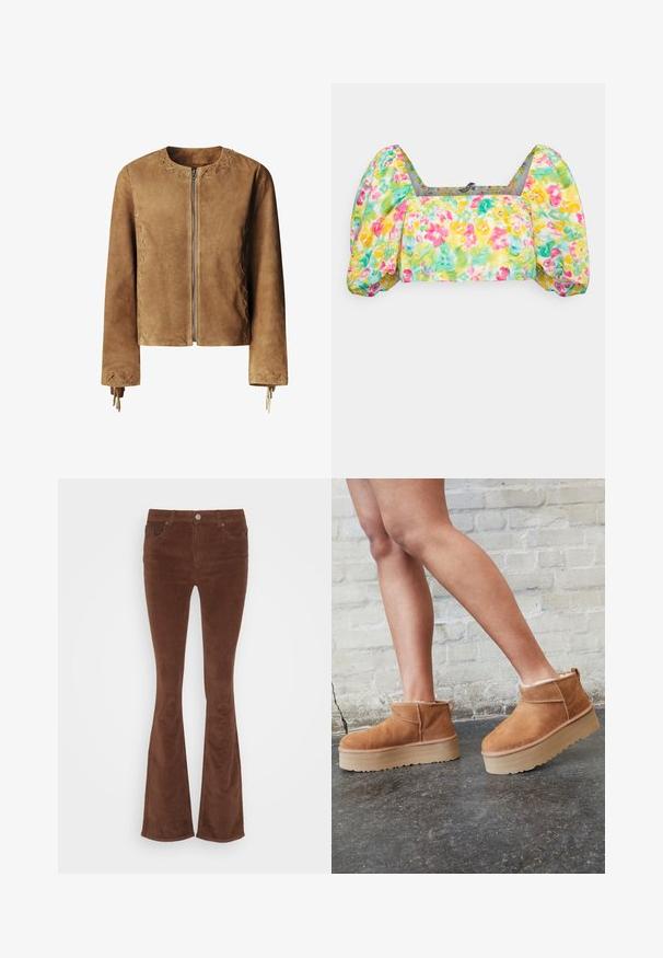 Brun ruskind jakke med rund halsudskæring, frontlynlås og snørelister på ærmerne. Har en glat overflade og tætsiddende silhuet.; ONLY Petite ONLTRACY CROPPED - Bluse - multi-coloured; Brune fløjl flared jeans med en glat overflade, fem lommer og en enkelt metalknap i taljen.; Brune ruskinds ankelsko med en blød foring, tyk beige plattformsål og en bageste løkke. Tekstureret overflade med synlige sømdetaljer.