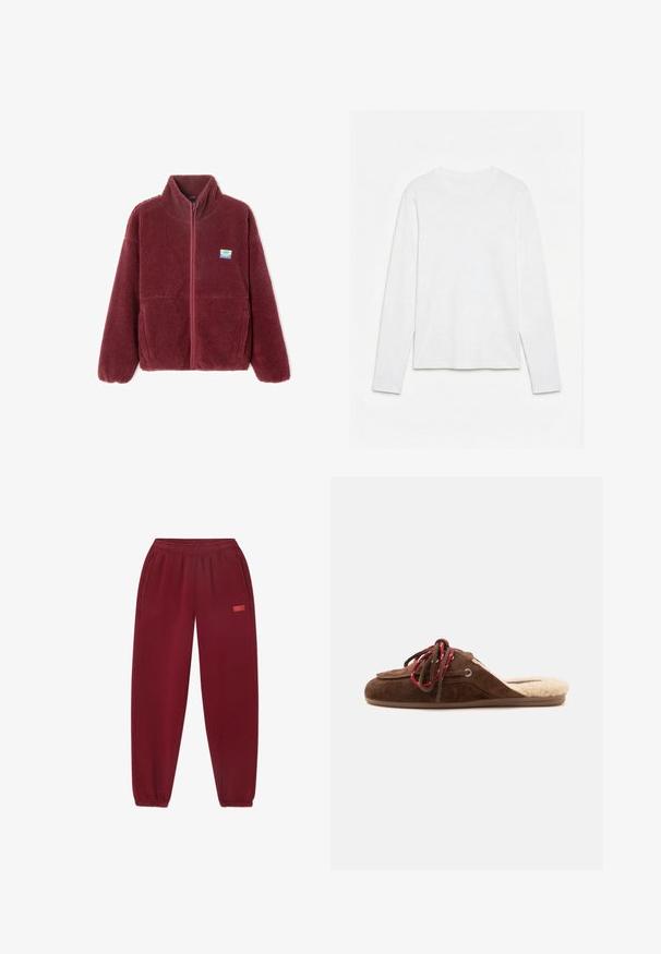 Bordeaux fleece jakke med høj krave, fuld lynlås, to forlommer og et lille mærke på venstre bryst. Blødt, struktureret stof.; Helt hvid langærmet t-shirt med rund hals lagt fladt på en hvid overflade, der viser fronten og hele ærmelængden.; Bordeaux sweatpants med elastisk talje, sidelommer og tapered ben. Bemærkelsesværdigt logo trykt i pink på venstre side.; Brun ruskind slip-on hjemmesko med røde snørebånd og blødt flødefarvet for, vist fra siden på en neutral baggrund.