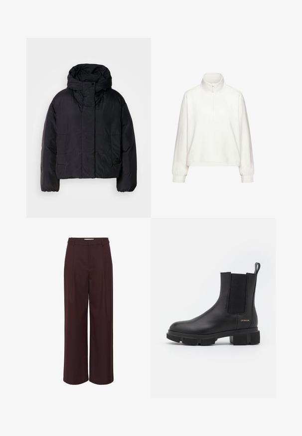 Sort pufferjakke med høj krave og hætte, der har to forlommer og elastiske manchetter. Glat, let materiale med mat finish.; Hvid fleece pullover med høj krave, halv-lynlås foran, lange ærmer og en frontlomme à la kenguru. Blød tekstur og afslappet pasform.; Vide benbukser i dyb bourgogne, lavet af et glat stof. Har en høj talje med folder og enkle bæltestropper for et skræddersyet udseende.; Sorte læder ankelstøvle med elastiske sidepaneler og en kraftig mønstret sål. Har en pull tab og guld branddetalje. Mat finish.