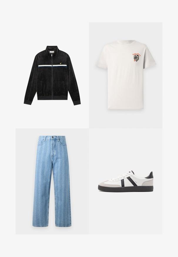 Veste zippée noire en velours doux, dotée d'une bande horizontale blanche et marine sur la poitrine, avec des poches latérales et des poignets côtelés.; T-shirt en coton beige clair avec un col rond, des manches courtes, et un graphique de chien noir avec "RIDE the RAILS" en texte orange.; Jean en denim bleu clair avec une coupe large, arborant un motif chaîne répétitif. Style classique à cinq poches avec détails en métal sur le bouton.; Baskets blanches avec des accents noirs et gris, présentant un embout texturé gris, une semelle en caoutchouc noir et des lacets plats blancs. Design épuré, style minimaliste.