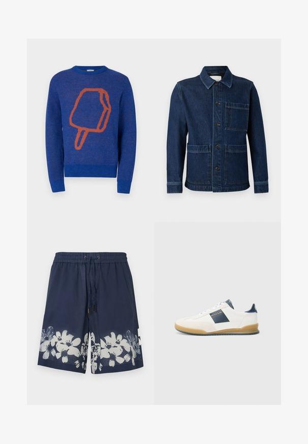 CLOSED ATELIER JACKET - Jeansjacke - mid blue; Blauer gestrickter Pullover mit einem großen orangefarbenen Eis am Stiel-Design auf der Vorderseite. Rundhalsausschnitt und gerippte Bündchen und Saum.; Marineblaue Badeshorts mit elastischem Bund, Kordelzug und weißem Blumenmuster am Saum. Hergestellt aus leichtem Stoff.; Weiße Sneakers mit marineblauen Akzenten, aus Wildleder und Leder, runde Spitze und Gummisohle. Mit Logo an der Seite und Rückseite.