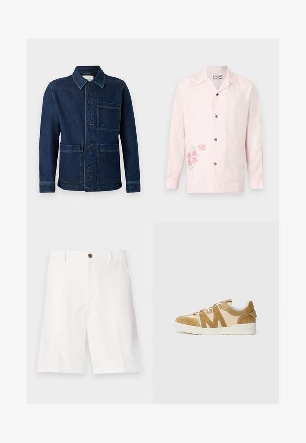 CLOSED ATELIER JACKET - Teksajakk - mid blue; Hele-roosa pika varrukaga nööbitav särk sälguga kraega ja väikese roosa lillemustriga alumisel vasakul küljel.; Valged Bermuudashortsid, mis on valmistatud kergest kangast ja millel on mugav lõige. Šortsidel on üks pruun nupp ja eesmine Taskud.; Beeži ja pruun toss, kus on kombineeritud samet ja võrk, erilise 'M' lõike disainiga, valged paelad ning tekstureeritud kummitald.