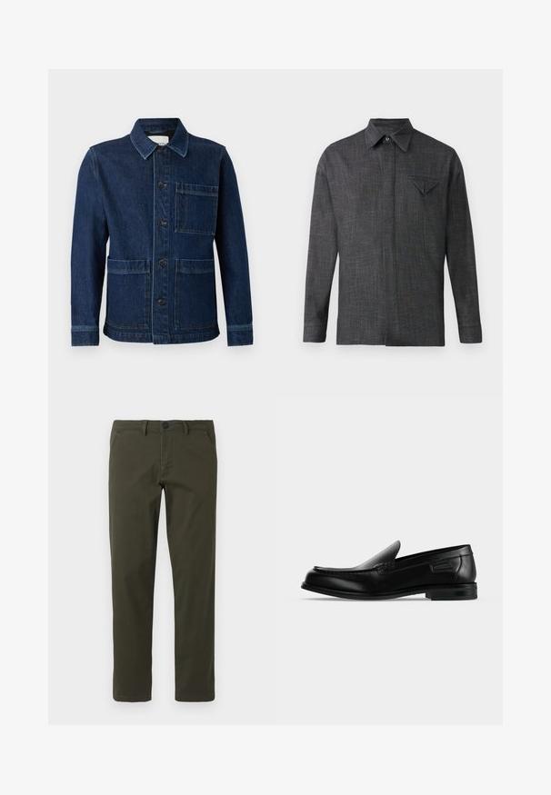 CLOSED ATELIER JACKET - Cowboyjakker - mid blue; Grå langærmet skjorte lavet af struktureret stof. Har en spidse krave og en lille brystlomme med en trekantet klap.; Olivengrønne, lige ben bukser lavet af en blanding af bomuldsstof. Har en lynlås foran, bæltesløjfer og to sidelommer. Glat tekstur.; Sort læder slip-on loafer med lav hæl, rundet tå og dekorative syninger langs øverste kant.