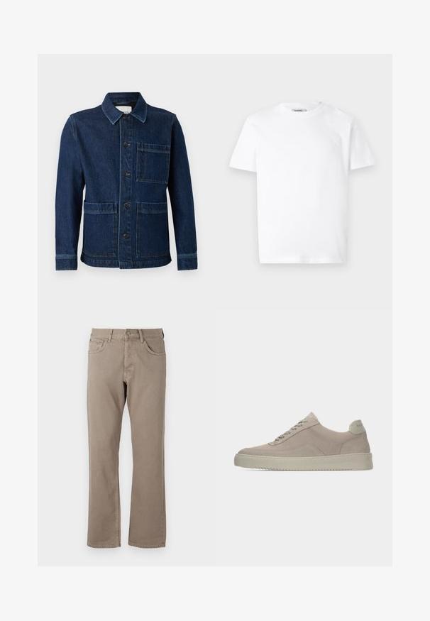 CLOSED ATELIER JACKET - Veste en jean - mid blue; T-shirt en coton blanc avec un col rond et des manches courtes. Présente un petit logo en relief sur la poitrine gauche. Texture lisse.; Jean droit beige en tissu coton, comportant cinq poches, une fermeture par bouton et zip, et des coutures visibles le long des coutures.; Baskets en daim beige avec une finition texturée, un bout arrondi et des lacets ton sur ton. Elles présentent une semelle en caoutchouc épaisse et un branding discret sur le talon.