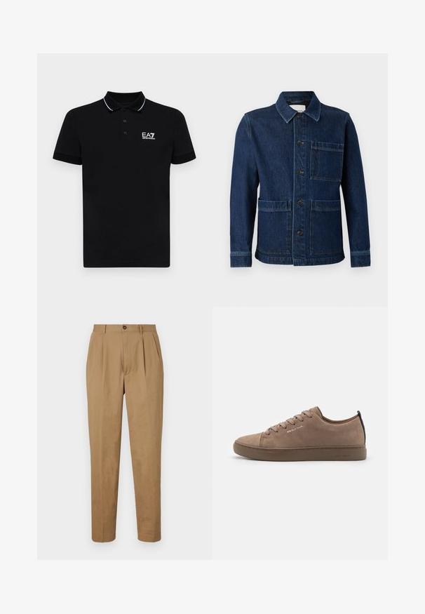 CLOSED ATELIER JACKET - Teksajakk - mid blue; Mustade polo-särk, millel on krae, kolm nööpi ja valged aktsenttriibud. Vasakule rinda on brodeeritud EA7 logo. Lühikesed varrukad.; Kreemjad pleedid püksid sirge lõikega, valmistatud siledast kangast. Omavad eesmist nööp sulgemist ja küljetaskuid.; Pruun nahast sneaksid ümmarguse varba, paelategemise disainiga, kontrastse kandmepaneeli ja embosseeritud logoga. Lame kummist tallaga, minimalistlik stiil.